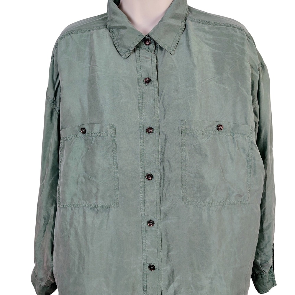 Jonathan Martin Womens M Silk Button Down Shirt Sage Green Utility Gorpcore